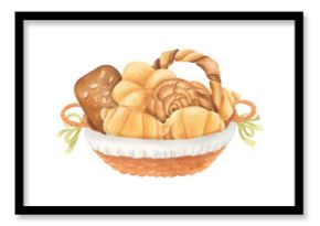 Bakery wicker hamper with pastries: buns, croissants and bagels in rustic, naive style. Vintage watercolor isolated composition. Ideal for menu design, food blogs, branding or kitchen-themed projects.