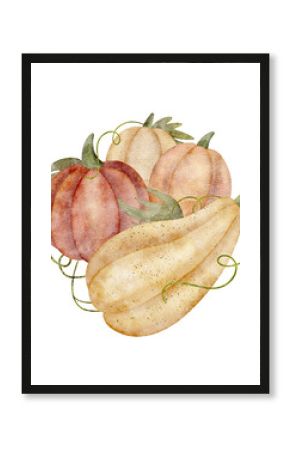 Watercolor autumn harvest composition pumpkin yellow, orange red. Vegetables illustration hand drawn in retro style on isolated background for packaging design label postcards holidays clothes, dishes