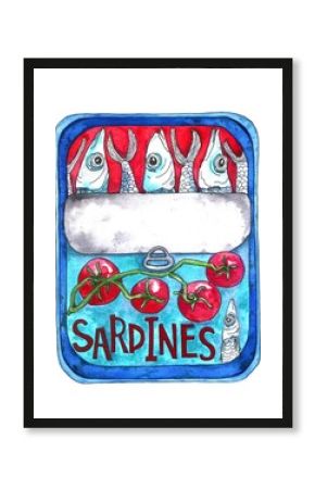 watercolor sardines in tomato sauce in an open tin can. Canned fish with tomatoes for your menu, flyers,kitchen posters,stickers