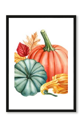 Watercolor pumpkins still life with green blue gourd, fall leaves autumn harvest seasonal Thanksgiving decor clipart garden design