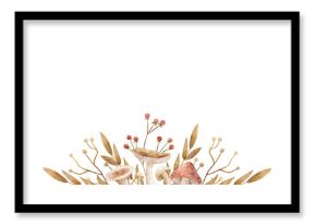 Watercolor composition autumn forest mushrooms berries leaves. Frame hand drawn illustration fly agaric, toadstool. Template isolated on transparent background for invitation, postcard poster holiday