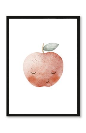 Watercolor fruits apple red juicy cute eyes hand drawn illustration in children's style on transparent background for design of cards, posters, tableware, clothes, invitations holiday decoration