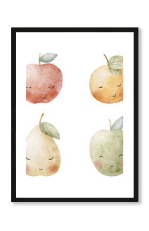 Watercolor fruits apple, juicy pear, ripe tangerine. illustration hand drawn in children's style cute eyes on   transparent background for design of cards, posters, tableware, clothes, invitations