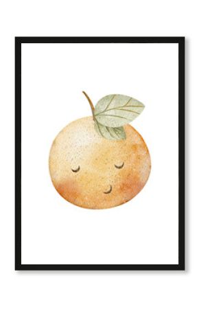 Watercolor mandarin, orange fresh, orange fruit cute eyes hand drawn illustration tangerine in children's style transparent background design children's cards posters, tableware, clothes, invitations