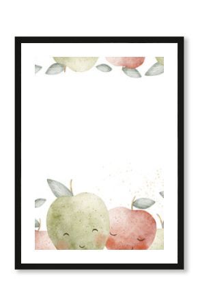 Frame watercolor funny apples, red green with cute eyes. Illustration hand drawn in children style for templates kids invitations cards, templates, tableware, clothes, greetings, food packaging, goods