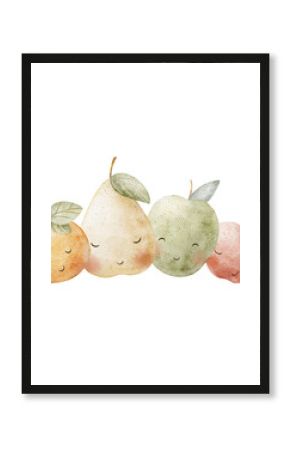 Watercolor fruits apples pear mandarin orange citrus. Hand drawn children's style illustration, characters cute eyes for design cards posters, invitations tableware, clothes, packaging
