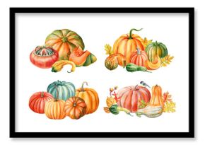 Watercolor autumn pumpkins clipart set with striped gourds colorful squashes fall leaves and tit bird for seasonal designs