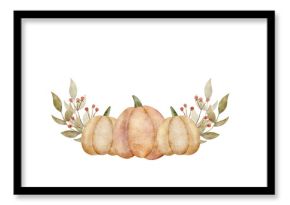 Watercolor illustration harvest pumpkin yellow, orange with leaves, berries. Autumn composition vegetables hand drawn on isolated background for design packaging labels cards holidays clothes dishes