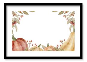 Frame watercolor leaves pumpkin berries. Hand drawn illustration of autumn harvest vegetables in retro style. Template on isolated background for invitations, cards posters packaging holiday tableware