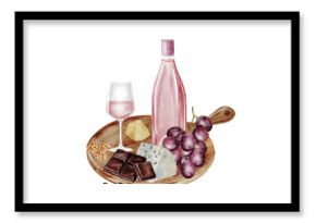 Glass of wine, grapes and cheese watercolor. Hand drawn pink alcoholic drink. Clip art of drink. Ideal for advertising posters of bar and restaurant menu.