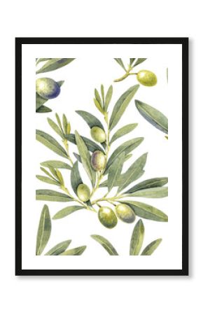 Seamless pattern watercolor olive branch green decor. Hand painted floral illustration olives fruit tree branches leaves transparent background. Drawings food. Edible foliage. For fabric, wrapping