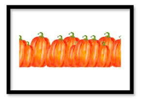 Watercolor seamless border with orange pumpkins isolated on white. Hand drawn pumpkins banner for seasonal packaging, wrapping paper, poster, fabric print, banner, scrapbook, postcards, fall design