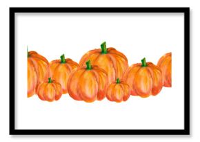 Watercolor seamless border with orange pumpkins isolated on white. Hand drawn pumpkins banner for seasonal packaging, wrapping paper, poster, fabric print, banner, scrapbook, postcards, fall design