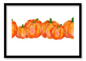 Watercolor seamless border with orange pumpkins isolated on white. Hand drawn pumpkins banner for seasonal packaging, wrapping paper, poster, fabric print, banner, scrapbook, postcards, fall design