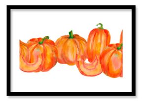 Watercolor seamless border with orange pumpkins isolated on white. Hand drawn pumpkins banner for seasonal packaging, wrapping paper, poster, fabric print, banner, scrapbook, postcards, fall design