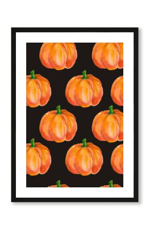 Pumpkin. Watercolor seamless pattern with bright orange pumpkins isolated on black for seasonal packaging, wrapping paper, poster, fabric print, banner, scrapbook, postcards, fall design, farm market