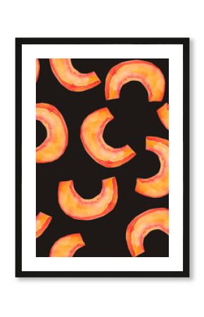 Pumpkin. Watercolor seamless pattern with bright orange pumpkins isolated on black for seasonal packaging, wrapping paper, poster, fabric print, banner, scrapbook, postcards, fall design, farm market