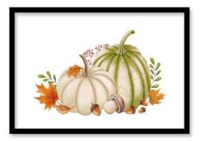 White and green pumpkins with acorns, mushrooms and autumn leaves, hand-painted in cozy watercolor style, perfect for fall decorations, Thanksgiving cards, posters, stickers and seasonal invitations.