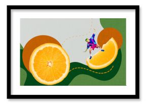3D photo collage template trend artwork composite of delicious feeding diet calories young man sportswear stand piece orange balance