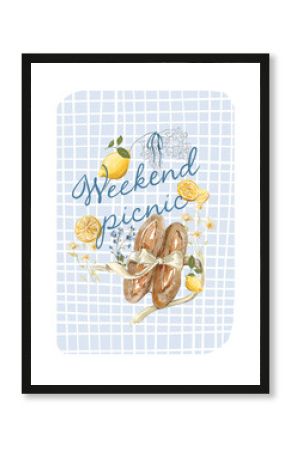 Watercolor template frame of Weekend picnic . Hand drawing poster of yellow lemons, citrus fruits, fresh bakery, food, picnic elements. Print for design, invitation card, restaurant menu
