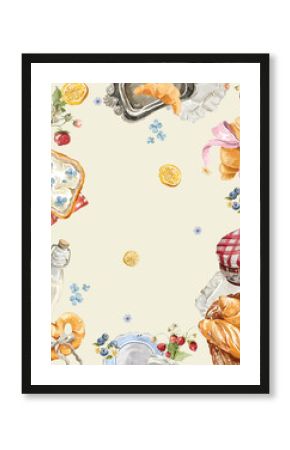Watercolor template frame. Hand drawing poster of yellow lemons, jam, fresh food, bakery, countryside elements. Vintage print in cottage core style for design, restaurant menu