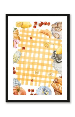 Watercolor template frame. Hand drawing poster of yellow lemons, jam, fresh food, bakery, countryside elements. Vintage print in cottage core style for design, restaurant menu