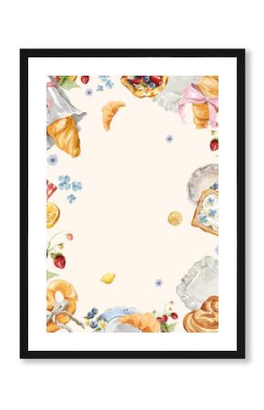 Watercolor template frame. Hand drawing poster of jam, fresh food, bakery, countryside and picnic elements. Vintage print in cottage core style for design, restaurant menu