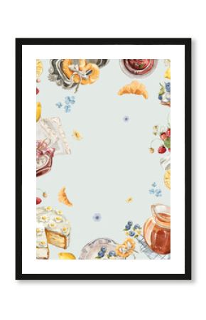 Watercolor template frame. Hand drawing poster of yellow lemons, jam, fresh food, bakery, countryside elements. Vintage print in cottage core style for design, restaurant menu