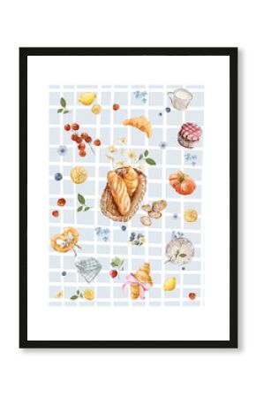 Watercolor template frame. Hand drawing poster of yellow lemons, jam, fresh food, bakery, countryside elements. Vintage print in cottage core style for design, restaurant menu