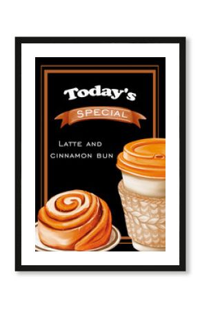 Illustration of latte in a takeaway cup and a cinnamon bun in watercolor style with "Today’s Special" text. Perfect for café menus, posters, flyers, and bakery advertising.