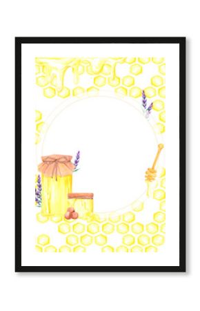 Golden honey comb with honey jar and lavender frame border, hand drawn watercolor cell illustration isolated on white background. Can be used for cards, invitation and other printed products.
