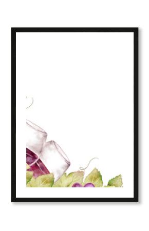 Watercolor wine corner template with bottle, barrel, grapes and leaves, isolated on white background. Perfect hand painted illustration for restaurant branding, packaging, posters, menus, napkins