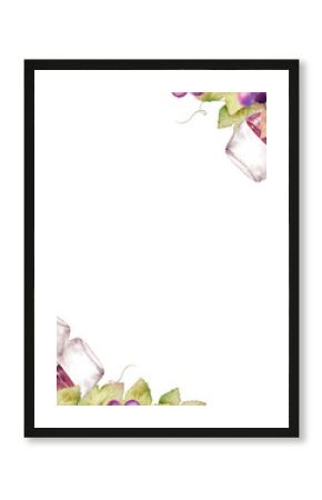 Watercolor wine corner template with bottle, barrel, grapes and leaves, isolated on white background. Perfect hand painted illustration for restaurant branding, packaging, posters, menus, napkins