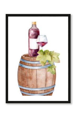 Hand painted watercolor wine compositions isolated on white background. Bottles, glasses, barrels, grapes, figs and splashes. Perfect for invitations, menus, packaging, posters or textile design.