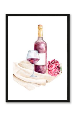 Hand painted watercolor wine compositions isolated on white background. Bottle of red wine, glass, napkin. Date, Saint Valentines day. Perfect for invitations, menus, packaging, posters, cards