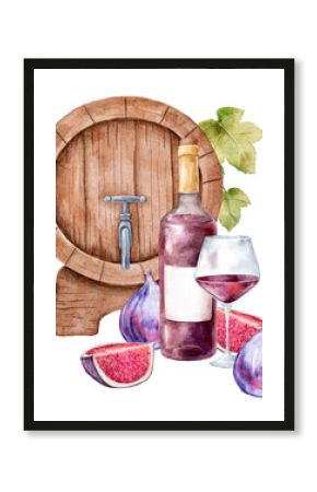 Hand painted watercolor wine compositions isolated on white background. Bottles, glasses, barrels, grapes, figs and splashes. Perfect for invitations, menus, packaging, posters or textile design.
