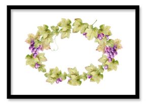Watercolor wreath with grapes and green leaves, hand painted in high resolution. Isolated on white background with central empty space for text. Perfect for invitations, labels, menus, packaging.
