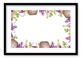 Watercolor hand drawn wine frame with barrels, grapes and leaves, isolated on white. Ready to use template with central space for text, for invitations, menus, wine labels, posters or packaging.