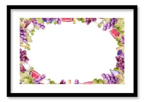 Watercolor hand drawn wine frame with barrels, grapes and leaves, isolated on white. Ready to use template with central space for text, for invitations, menus, wine labels, posters or packaging.
