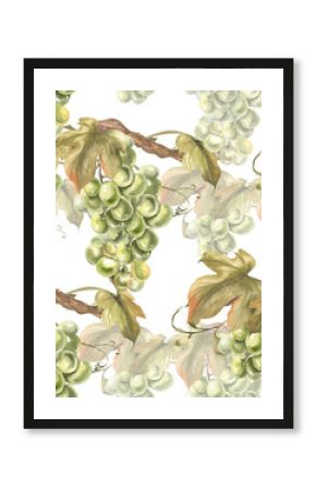 Grapevine botanical watercolor seamless pattern for textile design. Green grapes bunch with leaves and branches background, summer sweet fruits clipart for fabric,fresh market poster, wallpaper design
