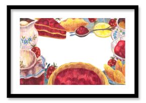 Frame with berries pie, summer fruits jam in jar, cup with tea and spoon on plate, lemon and milk jug. For tea party, vintage kitchen, cookbooks menu designs posters, banners, recipes and clip art