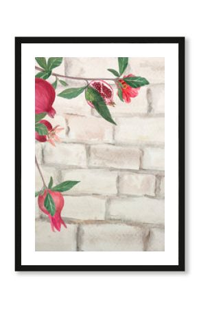 Pomegranate branch with fruits, flowers, and green leaves on rustic brick wall background. Watercolor illustration. Botanical artwork for posters, packaging, invitations, restaurant menus, and decor