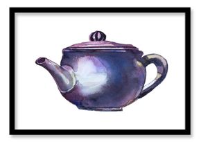 Vintage teapot  with tea design. Watercolor kettle illustration. Retro kitchenware clipart. Antique porcelain tea pot.