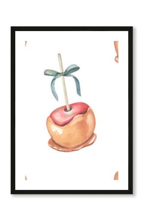 Seamless pattern with caramel apples, blue bows. Hand-painted watercolor illustration isolated on white for holiday wrapping paper, posters, backgrounds, festive decor, printing on textile, packaging