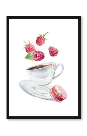 Raspberry tea watercolor. Hand drawn illustration of beautiful ripe berries, white ceramic cup, saucer and macaroon isolated. For cafe posters, postcards and drink labels.