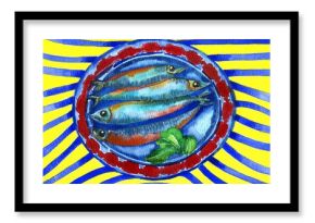 illustration of canned sardines. hand-painted fish on a plate on a bright striped blue and yellow background.Kitchen poster,menu, restaurants, pillows, T-shirt print.seafood artwork.