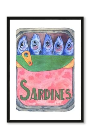 hand-painted tin of sardines. open canned fish in oil.Kitchen poster,menu, restaurants, pillows, T-shirt print.seafood artwork.