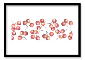 Seamless banner with red berries. Hand-painted watercolor illustration isolated on white for printing on textile, wallpaper, packaging, card, invitations, posters, backgrounds, seasonal, kitchen decor