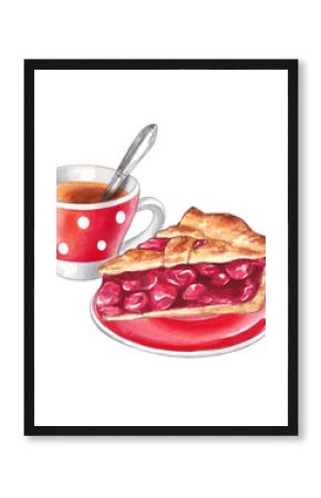 Cherry pie and tea. Watercolor hand-drawn illustration of a drink and dessert. Composition on a white background for menu design, culinary blog posts, and dessert lists in a vintage style.