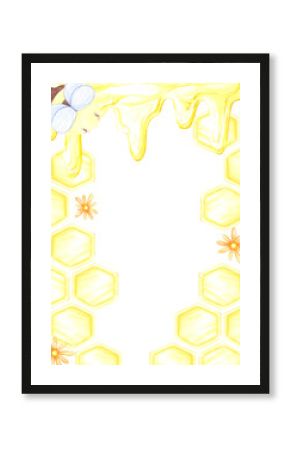 Golden honey liquid with stains with honey comb postcard frame border, hand drawn watercolor illustration isolated on white background. Can be used for poster, postcards and other printed products.